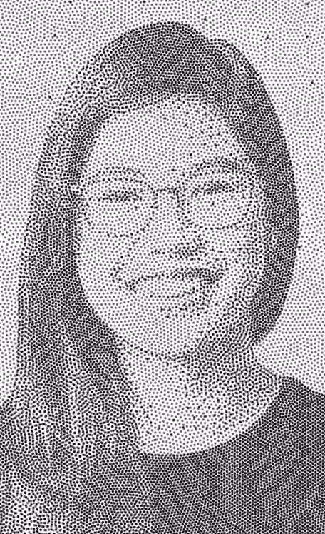 A close-up, monochromatic portrait of a person's face, rendered entirely in a halftone or stippling effect with small gray dots on a light gray background.